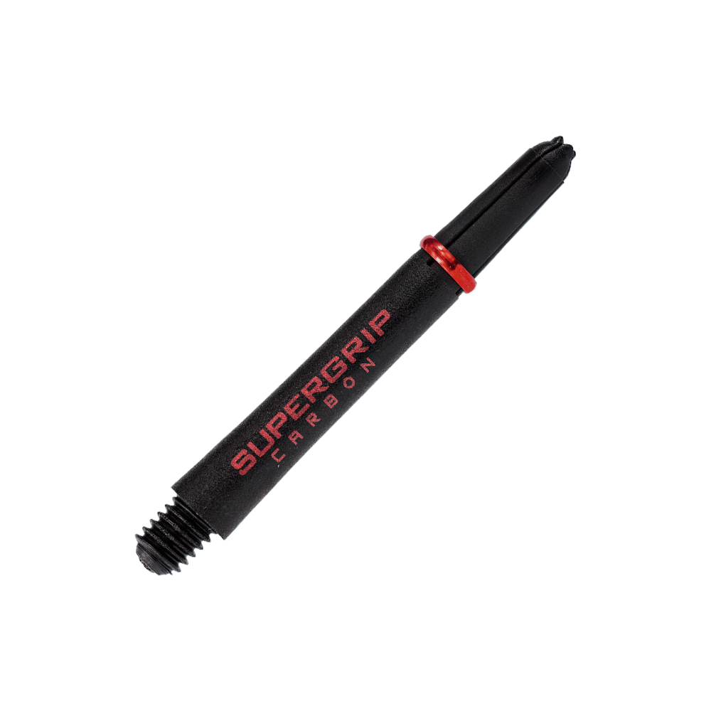 Das Bild zeigt einen Harrows Supergrip Carbon Shaft in Rot. Der Schaft ist schwarz mit rotem Schriftzug und einem roten Ring gestaltet.